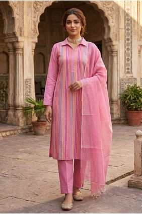 Weaving Cotton Salwar Kameez in Pink with Dupatta SK15899