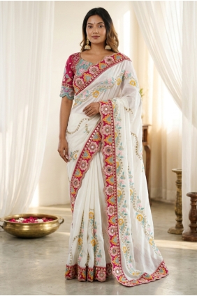 White Embroidered Silk Party Wear Saree SR30115
