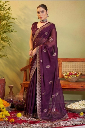 Wine Embroidered Saree in Chiffon SR28236