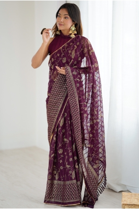 Wine Georgette Saree with Lace SR30012