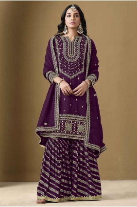 Wine Palazzo Suit in Art silk with Embroidered PZ4138