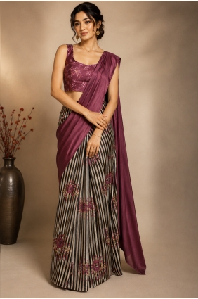 Printed Satin Saree in Wine SR30424
