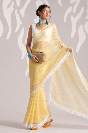 Chiffon Saree in Yellow with Weaving,lace border SR30387
