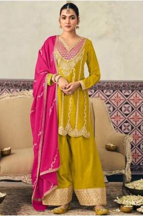 Zircon Chiffon Palazzo Suit in Yellow with Dupatta PZ4329