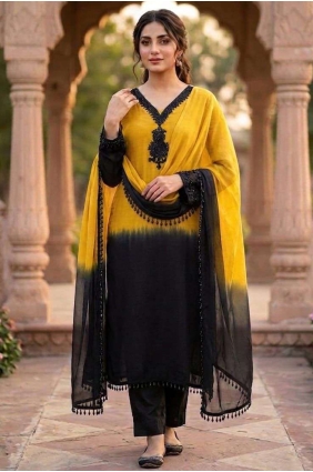 Stone with moti Crepe Straight Pant Suit in Yellow with Dupatta SK159222