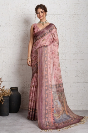 Saree in Pink Linen with Zari,printed SR30168